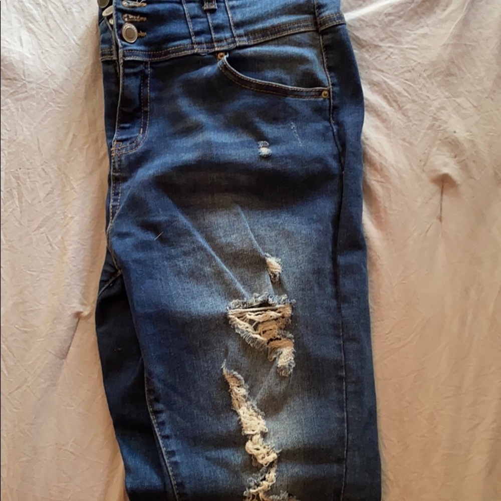 Blue tiered high rise skinny jeans